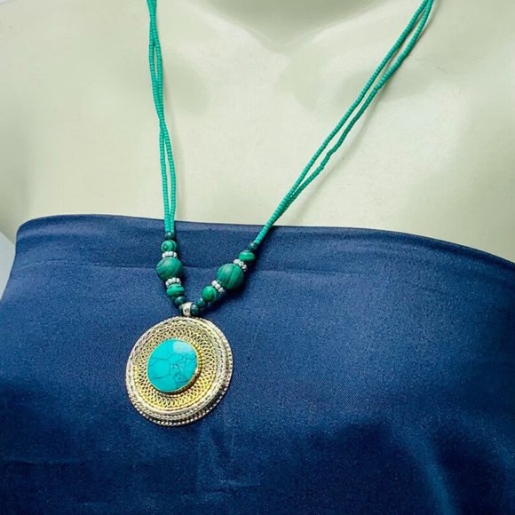 Turquoise Beaded Pendant Necklace, Ethnic Tribal Light Weight Necklace, Chunky - Picture 6 of 9